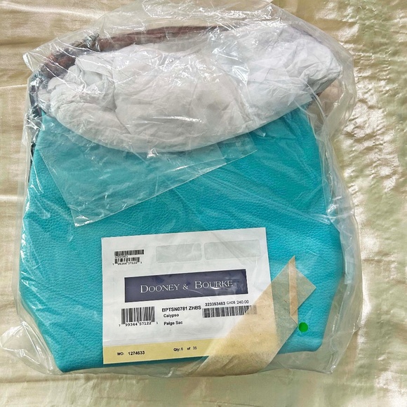 TOTE, DOONEY & BURKE, LEATHER, TURQUOISE WITH BROWN ACCENTS, ADJUSTABLE LEATHER - Picture 1 of 12